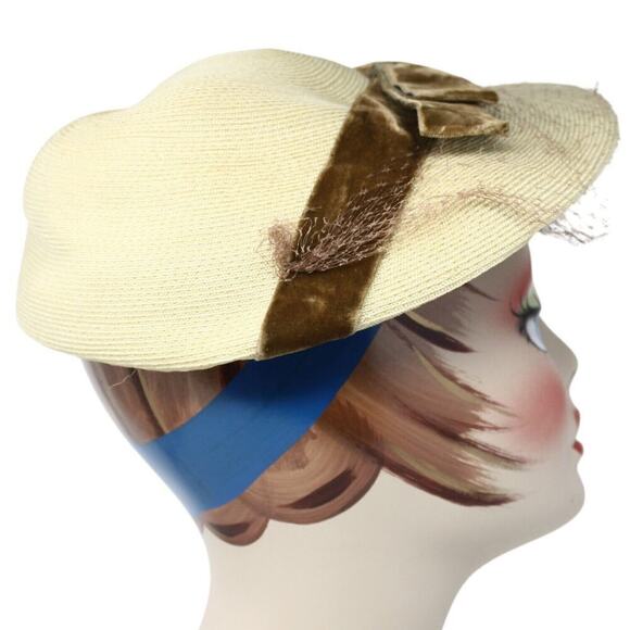 Vintage 50s Arnold Constable Platter Hat Tan Straw w Velvet Ribbon - Hey Viv - Picture 2 of 8